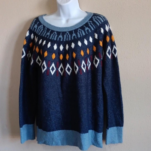 Sweaters - Cozy Geometric Winter Knit Sweater, Fall Knitwear, Cabincore Navy Multicolor Med